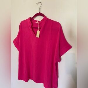 JODIFL Vibrant Hot Pink Ruffle-Trim Short Sleeve Tunic